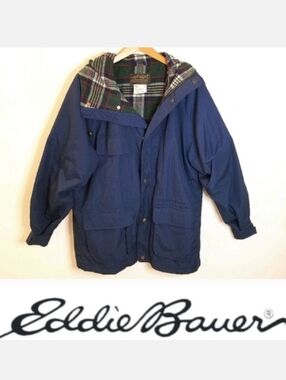Eddie Bauer Plaid Wool Lined Navy Blue Hooded Utility Jacket M